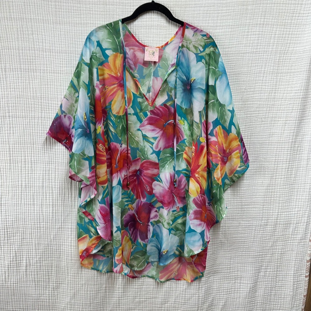 Show Me Your Mumu Barbie Tropical Floral Sheer Lunar tunic Kimono Cover-up sz L